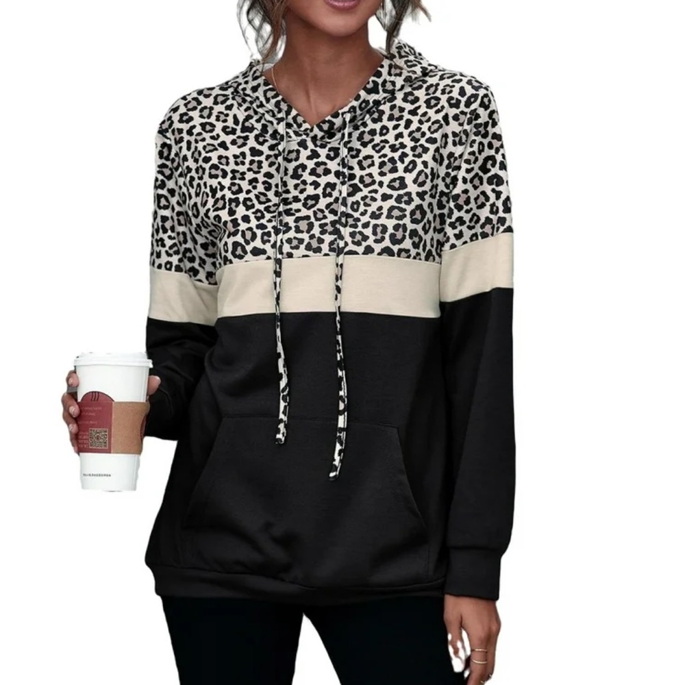 Amazon Women's Leopard Print Hoodie Sweatshirt Comfy Pullover Black Medium